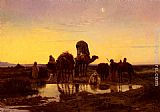 Eugene-alexis Girardet Canvas Paintings - Camel Train By An Oasis At Dawn